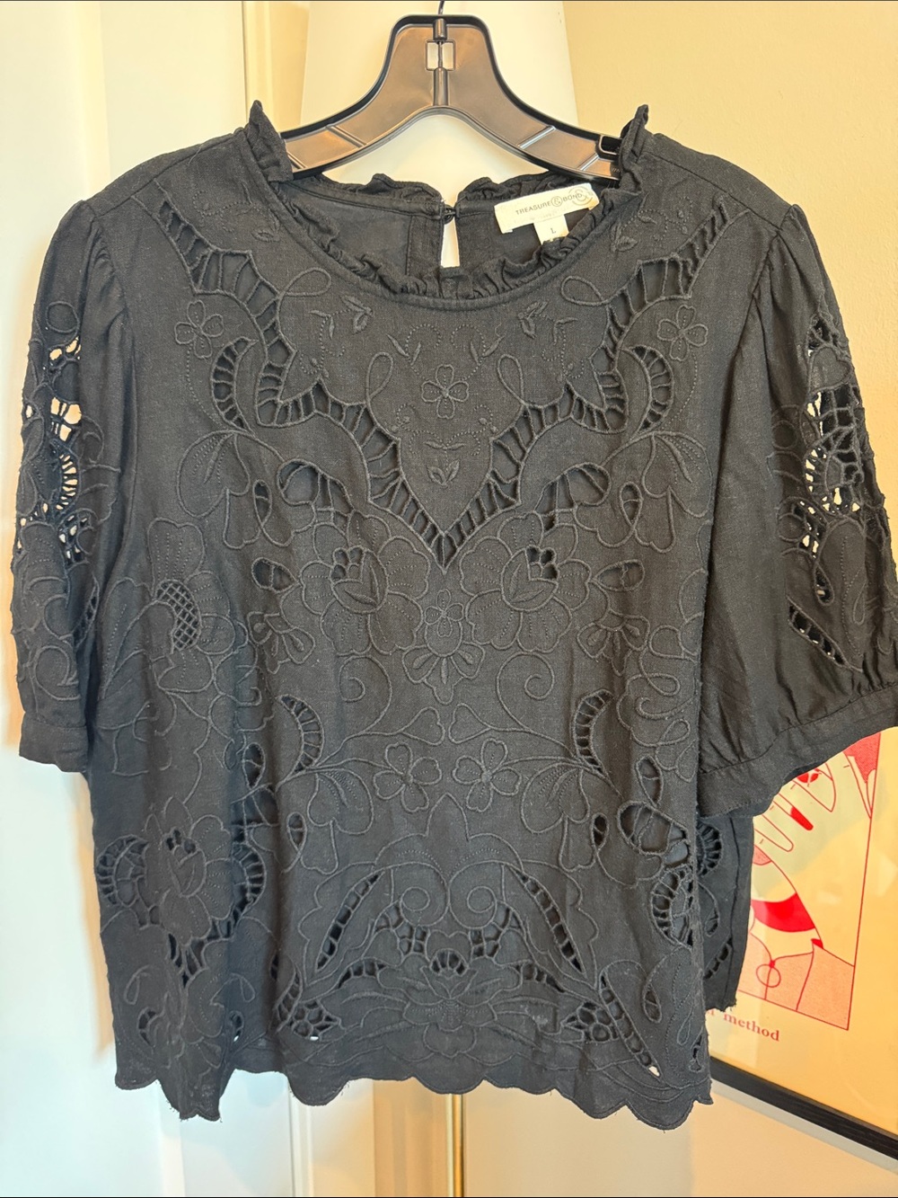 Treasure & Bond Black Eyelet Embroidered Short Sleeve Blouse, Size L
